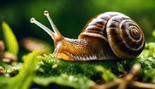 A Large Brown Snail Crawls Along A Leafy Green Surface, Its Slimy Spiral Shell And Extending Head On Full Display In A Captivating Up-close View Highlighting Nature's Beauty