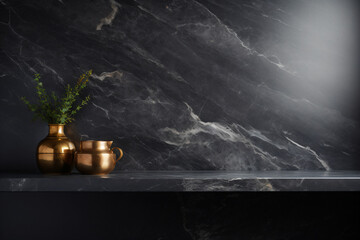 a marble shelf with two vases and a plant