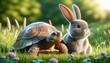 Charming tortoise and rabbit illustrate the classic tale of persistence, perfect for children's educational themes.