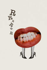 Poster - Vertical image collage picture of weird body female mouth red lips isolated on drawing background