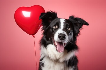 Poster - Portrait of a Border Collie with a red balloon with heart shape. Romantic appointment. Generative AI