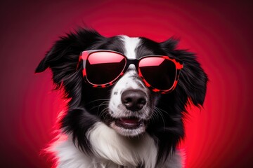 Poster - Portrait of a border collie wearing colored sunglases on red background. Generative AI