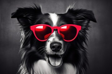 Poster - Portrait of a border collie wearing colored sunglases on red background. Generative AI