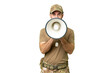 © luismolinero - Military with dog tag over isolated chroma key background shouting through a megaphone