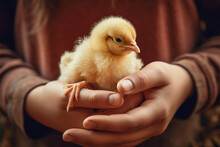Newborn Little Adorable Chick In Kids Hands