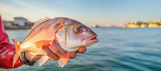Wall Mural - A skilled fisherman's catch of a healthy red snapper, reflecting the bounty of the ocean's rich marine life.
