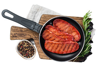 Sticker - Cooking of Turkish Sucuk beef meat sausage in a skillet.  Transparent background. Isolated.