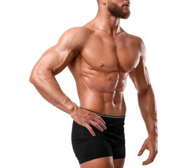 Poster - Young bodybuilder with muscular body on white background, closeup