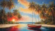 Boat on the beach surrounded by palm trees with sunset, watercolor