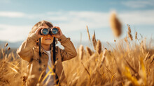 Cute Little Child Looking Through Binoculars On Sunny Summer Day. Young Kid Exploring Nature. Family Time Outdoors, Active Leisure For Children.