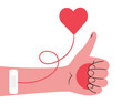 Card with hand of the donor, donating blood and plazma, holding a stress ball, showing thumb up hand gesture. Isolated vector illustration in flat design