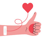 Fototapeta  - Card with hand of the donor, donating blood and plazma, holding a stress ball, showing thumb up hand gesture. Isolated vector illustration in flat design