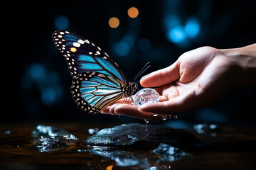 Soft hands cradle a delicate butterfly, showcasing the fragility, trust and beauty of the present moment