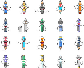 pen character pencil school icons set vector. happy smile, education cute, funny study, mascot face, colorful write, stationery pen character pencil school color line illustrations