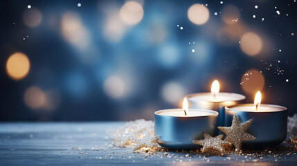 Wall Mural - christmas background with three burning candles and decorations