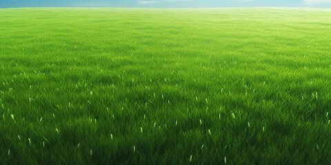 Wall Mural - Aerial view of a lush green field with a blue sky background, nature, Generative AI