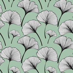 Wall Mural - Seamless pattern, hand drawn ginkgo biloba leaves on a green background. Background, print, elegant textile, vector