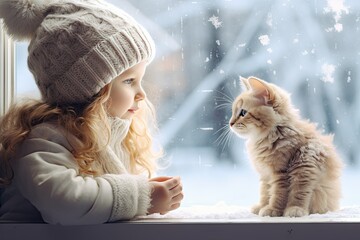 Wall Mural - Window sill and modern window with winter landscape child with kitten and looking out window at beautiful snowfall.