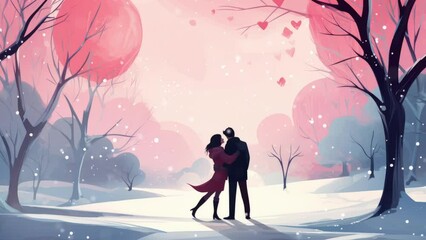 Wall Mural - Winter, snow, love, man and woman romantic couple in winter landscape - Seamless loop animation, created using AI Generative Technology