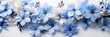 Mockup image close up blue flowers and silk on white fabric background. Banner, card, invitation and branding design concept
