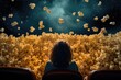 solitary movie patron is immersed in an epic cascade of popcorn, a fantastic and surreal movie experience