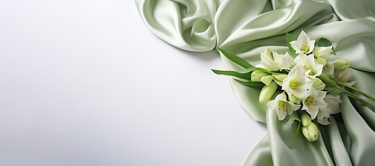 Mockup image close up green flowers and silk on silk fabric background. Banner, card, invitation and branding design concept