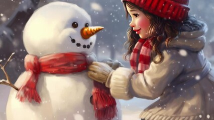 Wall Mural - Winter, snow, love, man and woman child and snowman - Seamless loop animation, created using AI Generative Technology