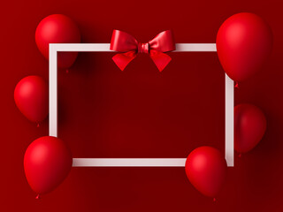 Aufkleber - Blank white gift box frame with red ribbon bow and floating red balloons over dark red wall background with shadows minimal concept 3D rendering