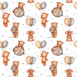 Seamless pattern with teddy bears and balloons; watercolor hand drawn illustration 