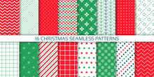 Christmas Seamless Background. Holiday Patterns. Endless Textures With Stripes, Star, Zigzag, Dots, Check. Set Red Green Xmas Design. Festive Geometric Prints For Wrapping Papers. Vector Illustration