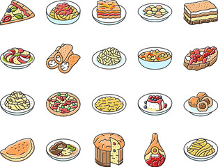 Poster - italian cuisine food pasta icons set vector. dinner meal, spaghetti lunch, dish restaurant, cheese healthy, plate, basil, fresh italian cuisine food pasta color line illustrations