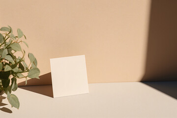 Wall Mural - a plant with a blank card on a table