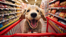 Cute Funny Dog In Grocery Store Shopping In Supermarket. Puppy Dog Sitting In A Shopping Cart On Blurred Shop Mall Background. Concept For Animal Pets Groceries,delivery,shopping Background