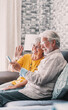 © Daniel - Happy retired family couple using mobile phone for video call together, talking to relations, getting good news, having fun, smiling and laughing. Carefree mature pensioners chatting online on cell.