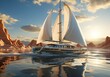 Beautiful yacht sailing boat on the sea with blue sky , cinematic lighting, volumetric lighting,