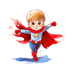 Wall Mural -  Little kid dressed like a hero watercolor paint