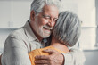 Happy mature couple in love embracing, laughing grey haired husband and wife with closed eyes, horizontal banner, middle aged smiling family enjoying tender moment, happy marriage, sincere feelings.