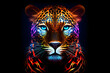 Graphic, colorful artistic portrait in neon colors of leopard on dark background
