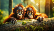 Portrait Of Two Beautiful Baby Orangutans Looking At Camera. Two Beautiful Little Monkeys With Brown And Orange Fur Look On In Amazement, Leaning Against A Tree Trunk In The Rainforest.