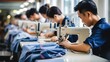 Focused young Asian male tailors with appearance sews things from natural fabric using sewing machine at clothes making factory. Handwork and sewing with help of mechanism.