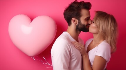 Woman kisses happy and smiling man Pink background with heart shape Valentine's Day. Emotions. Lifestyle.