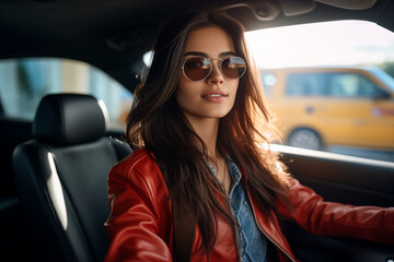 Young pretty brunette girl  inside a car