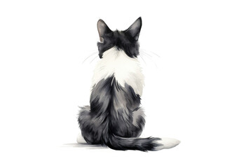 Rear image of cat sitting with back facing isolated on transparent background