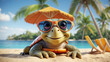 © tanya78 - cute funny cartoon comedian  turtle on the beach wearing sunglasses