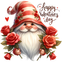Cute Red Happy Valentine's Day Gnome With Roses Watercolor Clipart