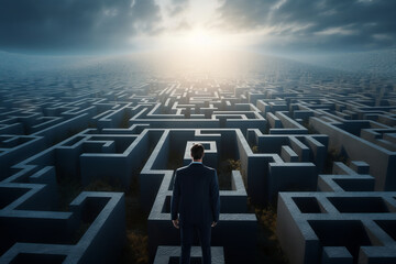 Businessman standing in front of a maze and looking at the sun