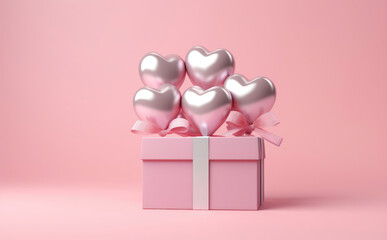 Wall Mural - pink gift box with shiny heart-shaped balloons against a matching pink background.