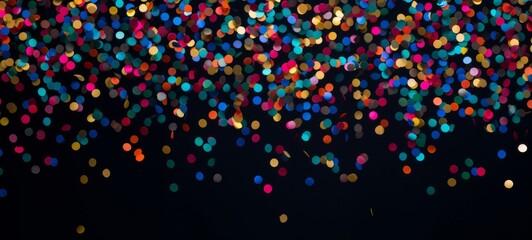 Aufkleber - Festive carnival new year's eve celebration party banner texture - Falling colorful multicolored glitter confetti isolated on black background