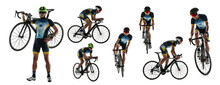 Man In Sportswear Riding A Bicycle Isolated Over White Background. Marathon, Triathlon Athlete. Collage. Concept Of Sport, Competition, Tournament, Championship, Speed, Endurance, Energy