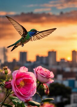 Colibrí flotando en el aire frente a una rosa de fondo se observa la ciudad de Buenos Aires en un atardecer, hiperrealismo y detallado, calidad de cine
